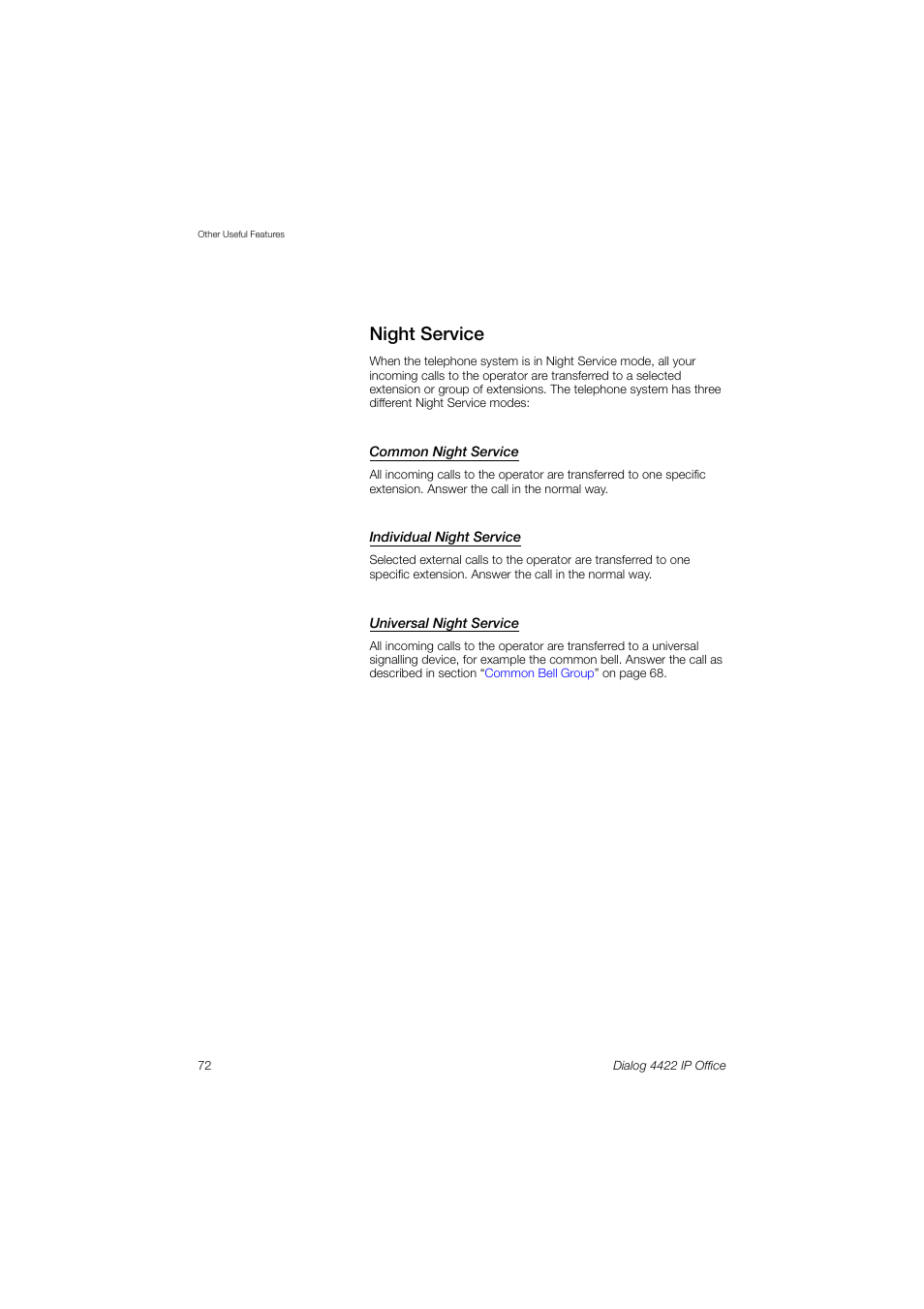 Night service | Ericsson DIALOG 4422 User Manual | Page 72 / 116