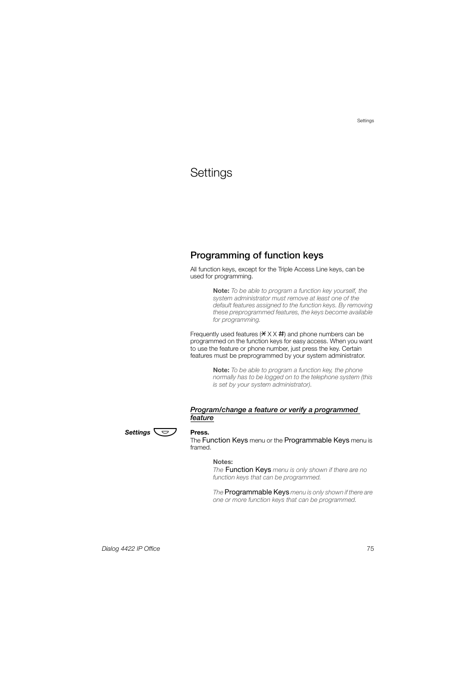 Settings, Programming of function keys, Sections | Ction, Programming of, Function keys, Section | Ericsson DIALOG 4422 User Manual | Page 75 / 116