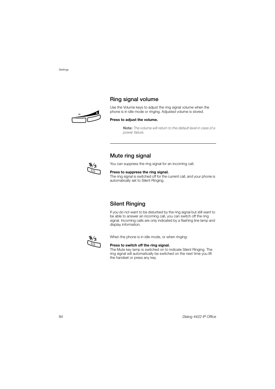 Ring signal volume, Mute ring signal, Silent ringing | Ions | Ericsson DIALOG 4422 User Manual | Page 84 / 116