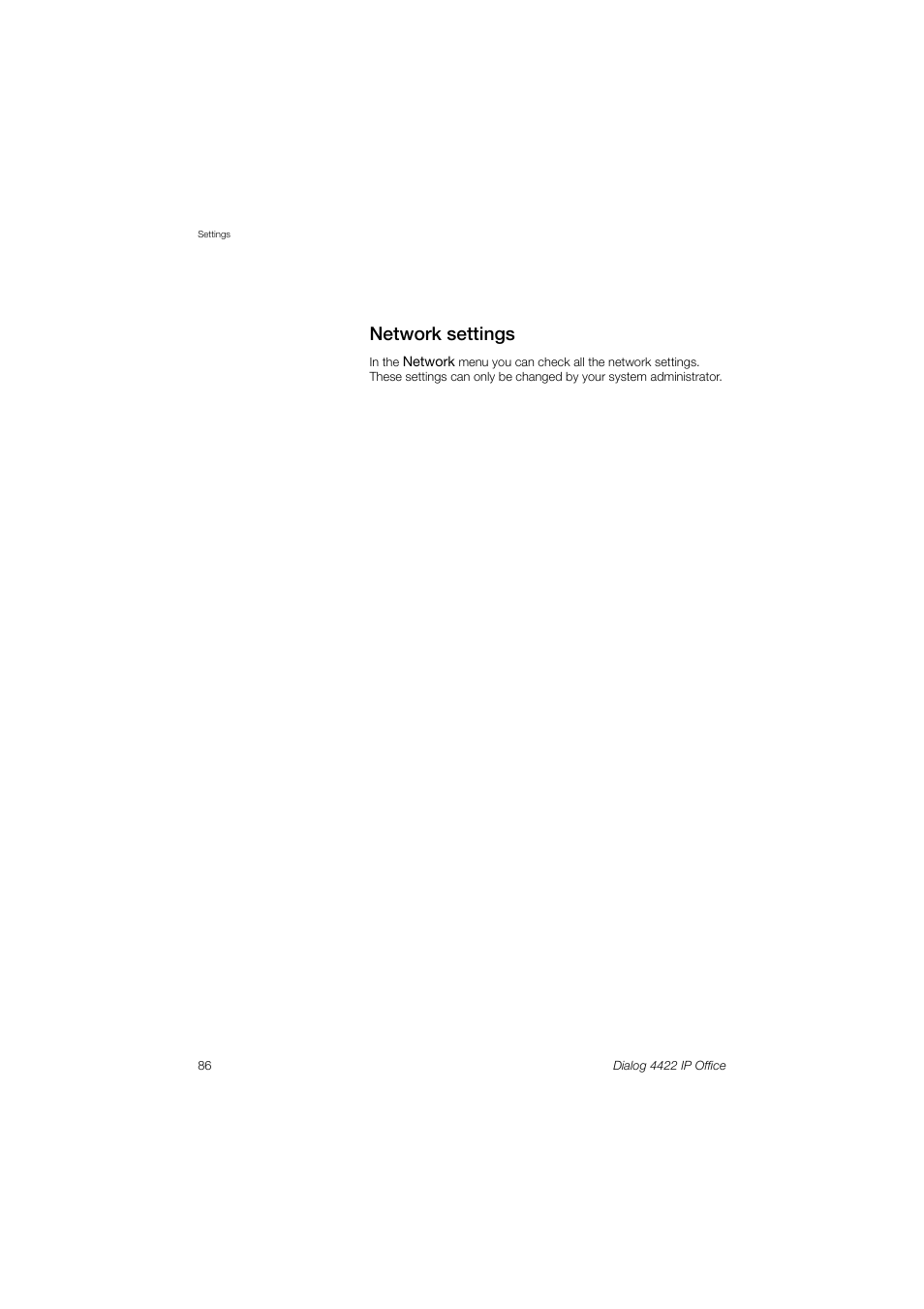 Network settings | Ericsson DIALOG 4422 User Manual | Page 86 / 116