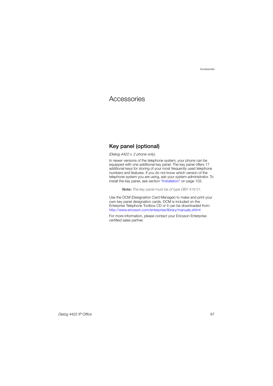 Accessories, Key panel (optional) | Ericsson DIALOG 4422 User Manual | Page 87 / 116