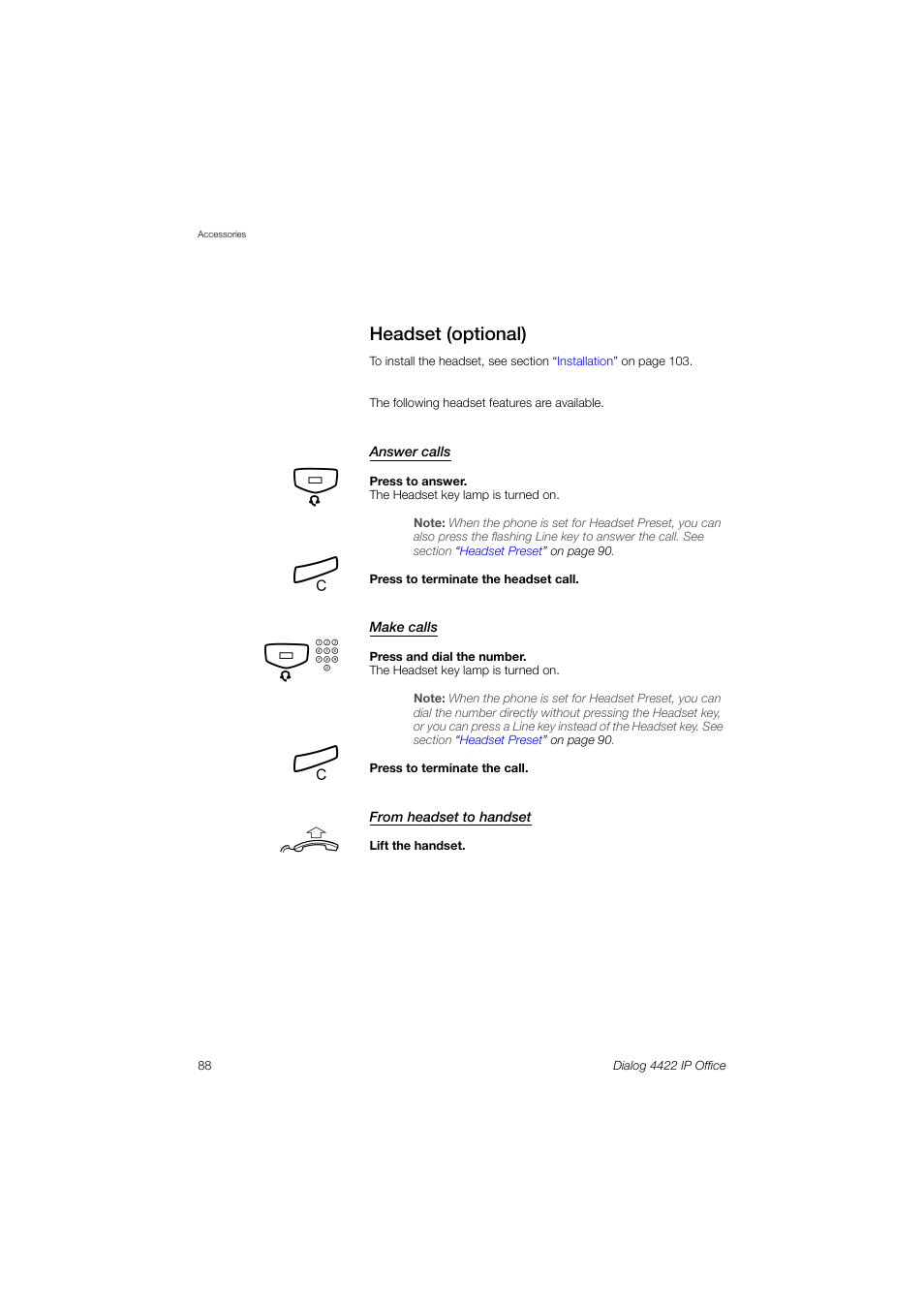 Headset (optional) | Ericsson DIALOG 4422 User Manual | Page 88 / 116