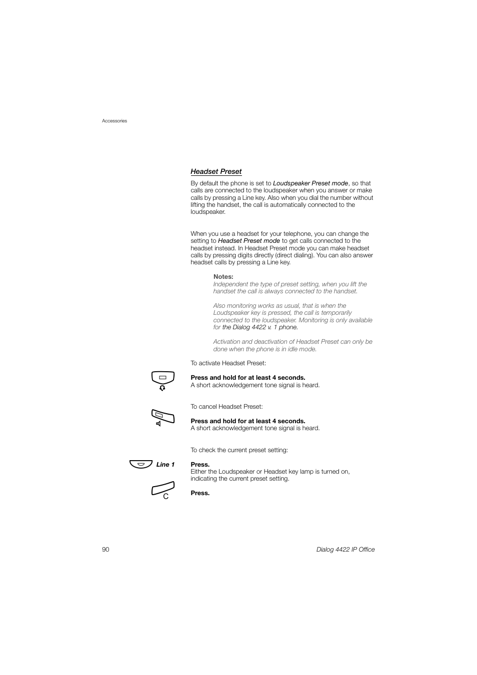 Headset preset, Ction | Ericsson DIALOG 4422 User Manual | Page 90 / 116