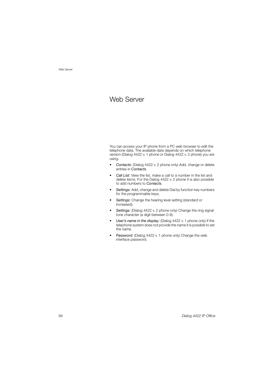 Web server, Ction | Ericsson DIALOG 4422 User Manual | Page 94 / 116