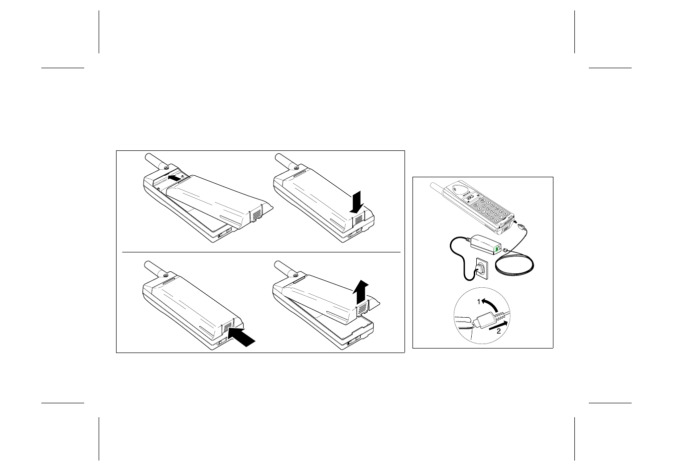 Attaching battery, Connecting charger to phone | Ericsson GA628 User Manual | Page 8 / 31