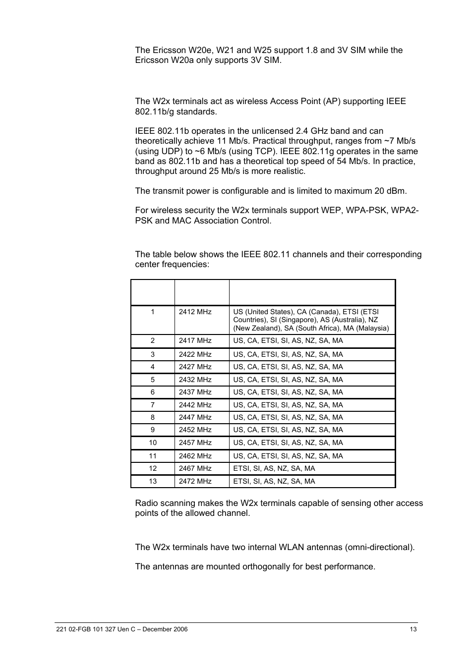 3 wireless lan (wlan) interface, 1 wireless radio channels, 2 internal wlan antennas | Ericsson W2x Series User Manual | Page 13 / 33