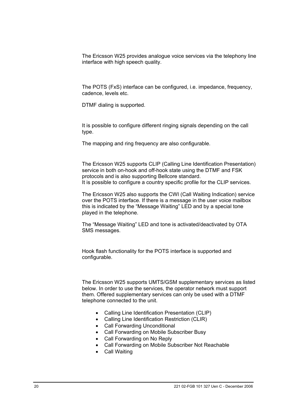 4telephony features (w25 only), 1 line interface, 2 umts/gsm supplementary services | Ericsson W2x Series User Manual | Page 20 / 33