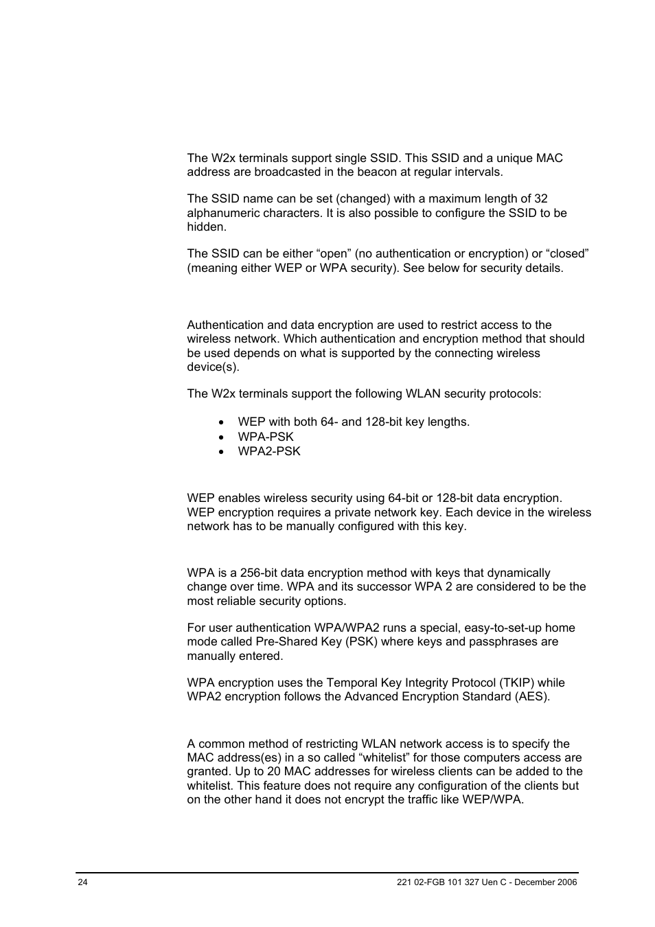 6wireless lan (wlan), 1 ssids, 2 wireless security | Ericsson W2x Series User Manual | Page 24 / 33