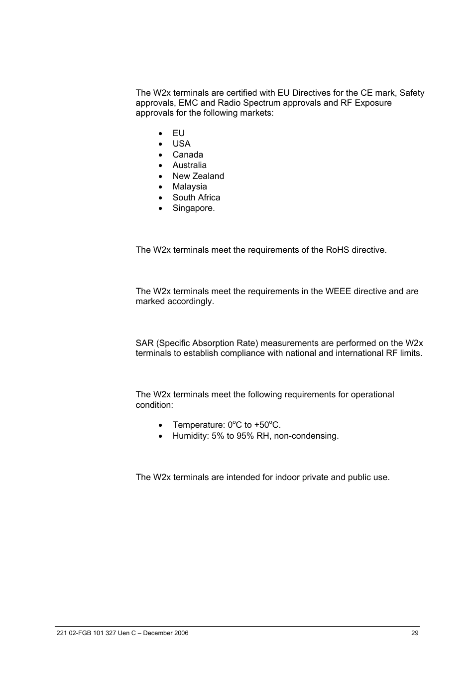 9 regulatory approvals, 1 rohs directive, 2 weee marking | 3 sar, 4 environmental, 5 intended use | Ericsson W2x Series User Manual | Page 29 / 33