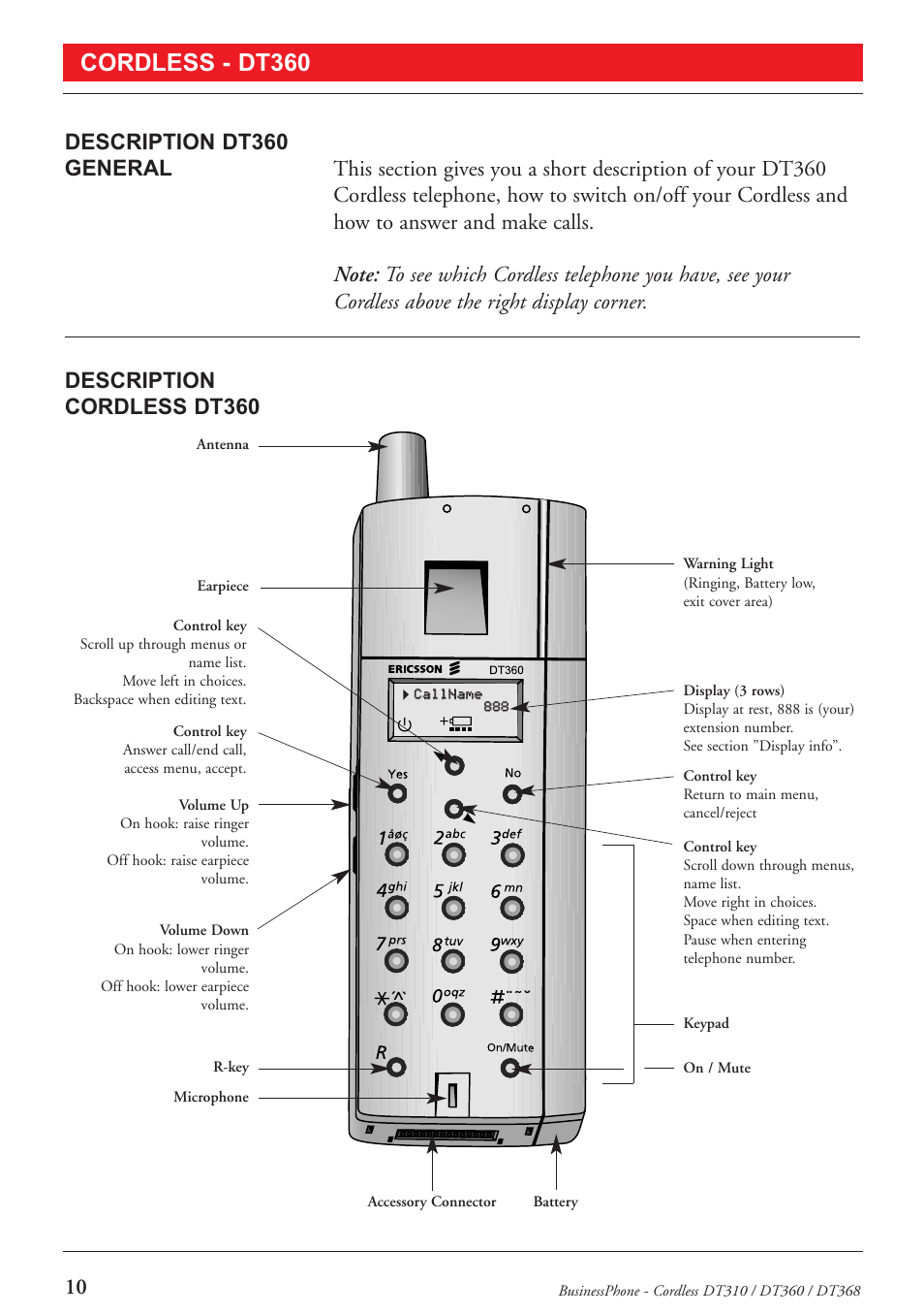 Cordless - dt360 | Ericsson DT368 User Manual | Page 10 / 84