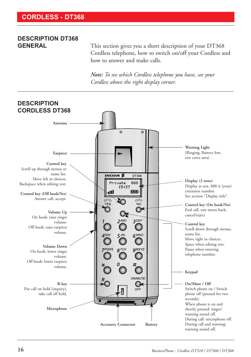 Cordless - dt368 | Ericsson DT368 User Manual | Page 16 / 84