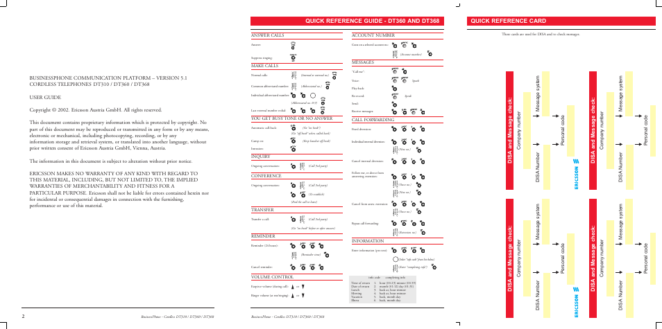 Quick reference card, Disa and messa ge c heck | Ericsson DT368 User Manual | Page 2 / 84