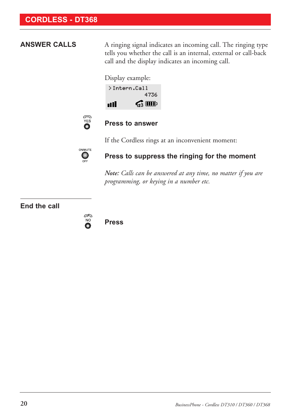 Cordless - dt368 | Ericsson DT368 User Manual | Page 20 / 84