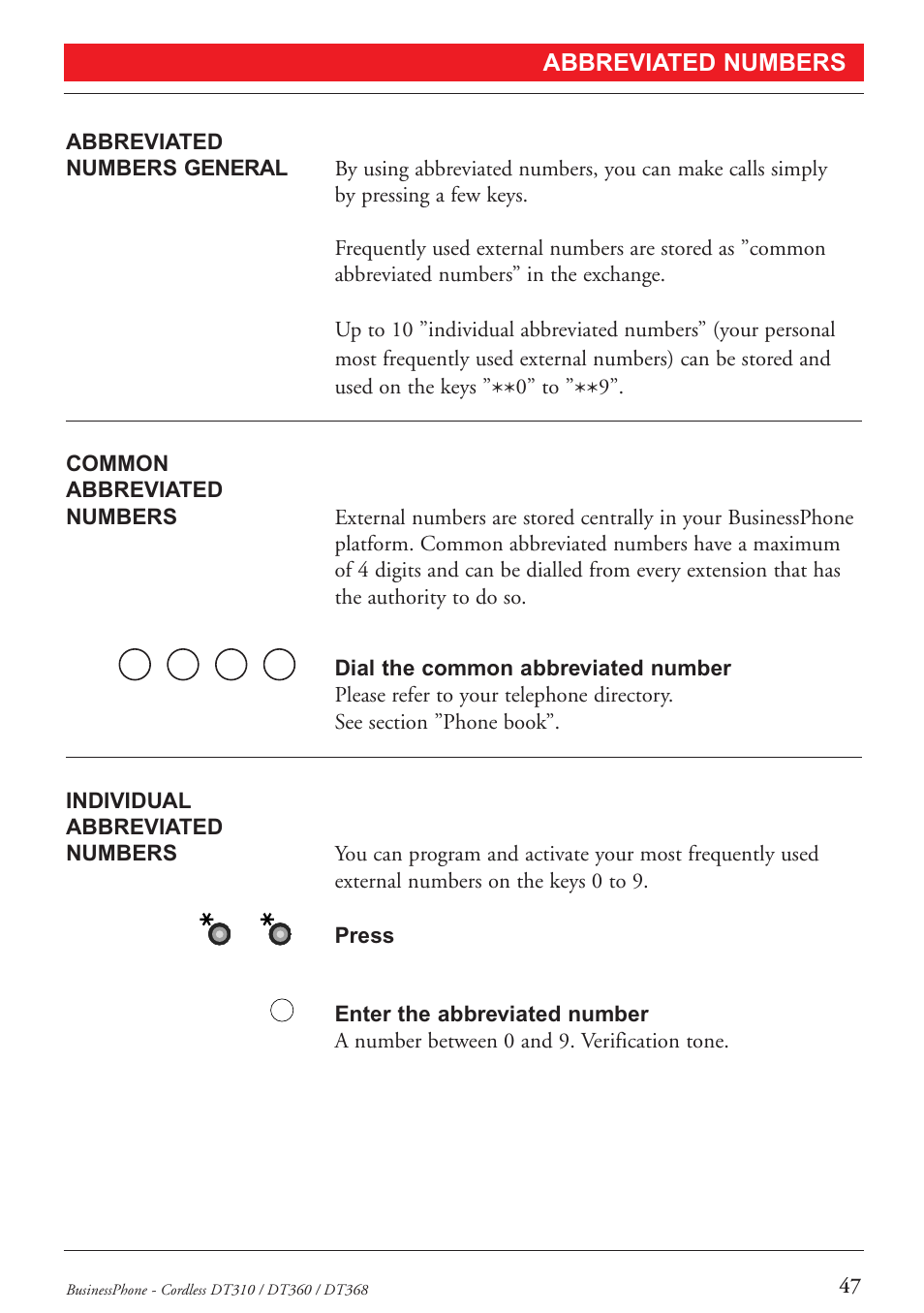 Abbreviated numbers | Ericsson DT368 User Manual | Page 47 / 84