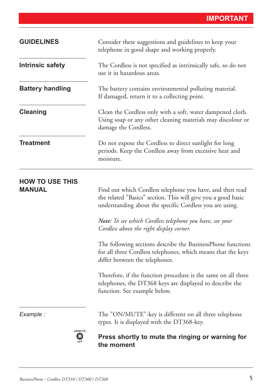 Important | Ericsson DT368 User Manual | Page 5 / 84