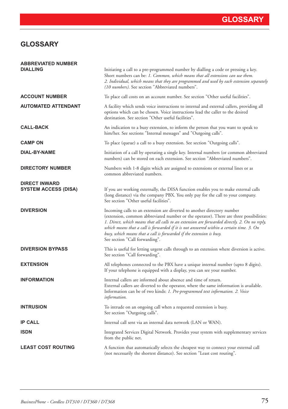 Glossary | Ericsson DT368 User Manual | Page 75 / 84