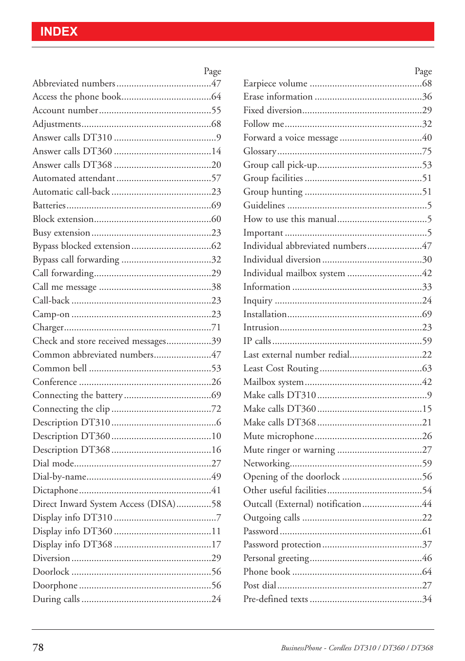 Index | Ericsson DT368 User Manual | Page 78 / 84