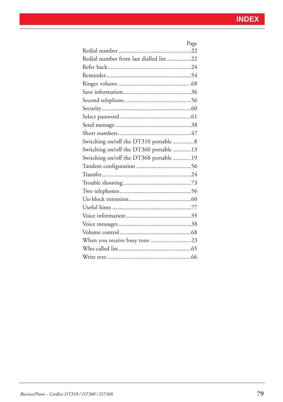 Index | Ericsson DT368 User Manual | Page 79 / 84