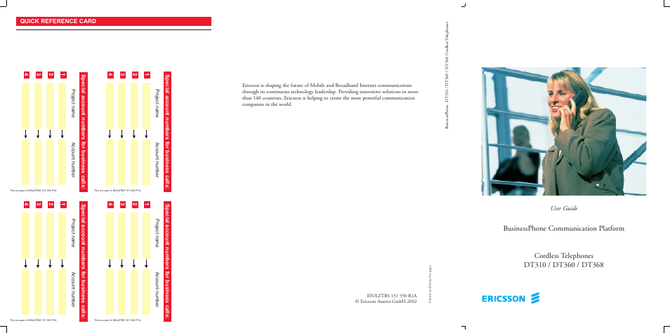 Quick ref. cards, User guide, Quick reference card | Ericsson DT368 User Manual | Page 82 / 84