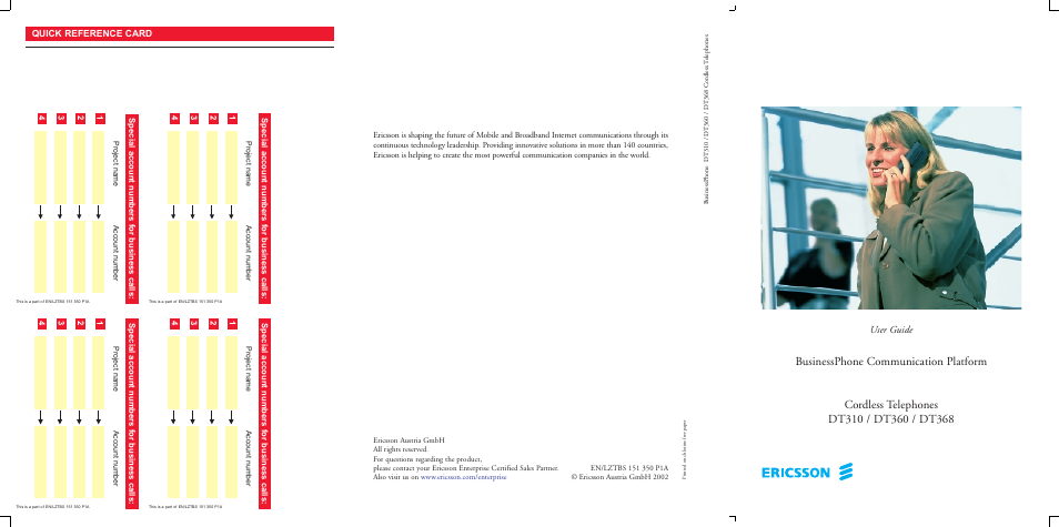 User guide, Quick reference card | Ericsson DT368 User Manual | Page 84 / 84