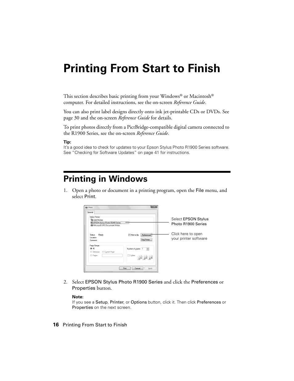 Printing from start to finish, Printing in windows | Ericsson PHOTO R1900 User Manual | Page 16 / 52