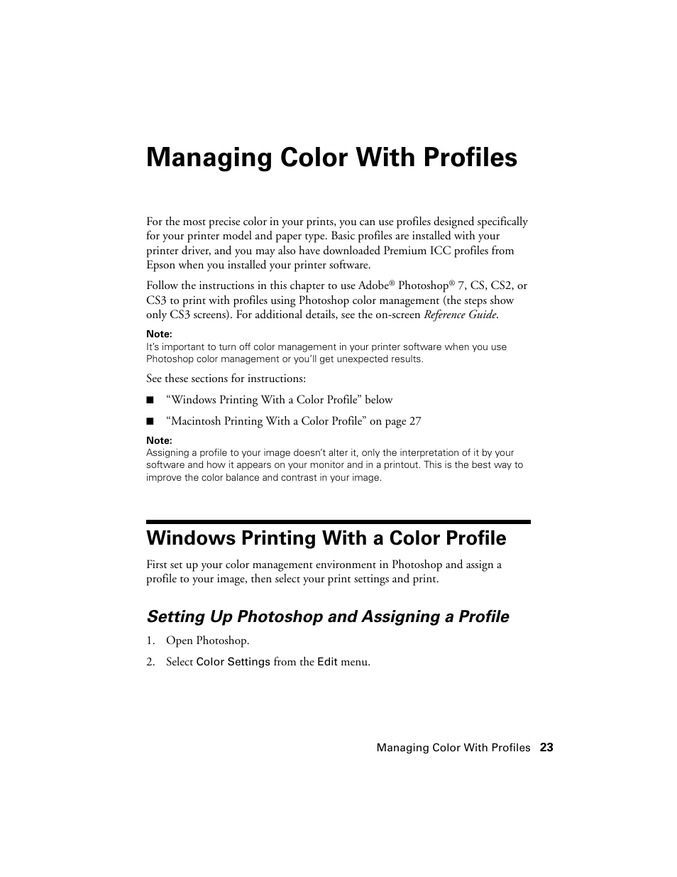 Managing color with profiles, Windows printing with a color profile, Setting up photoshop and assigning a profile | Ericsson PHOTO R1900 User Manual | Page 23 / 52