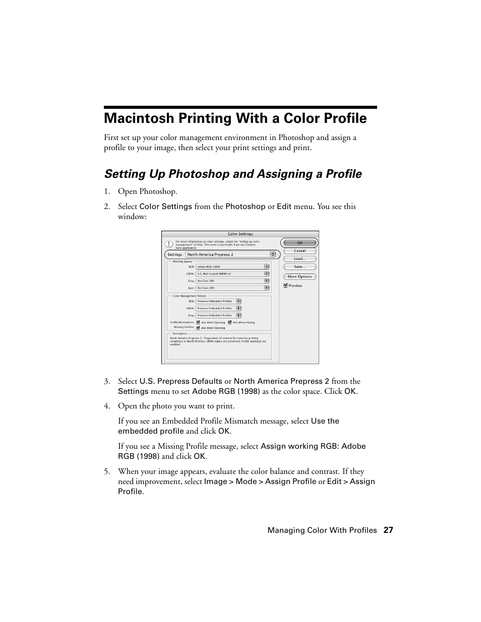 Macintosh printing with a color profile, Setting up photoshop and assigning a profile | Ericsson PHOTO R1900 User Manual | Page 27 / 52