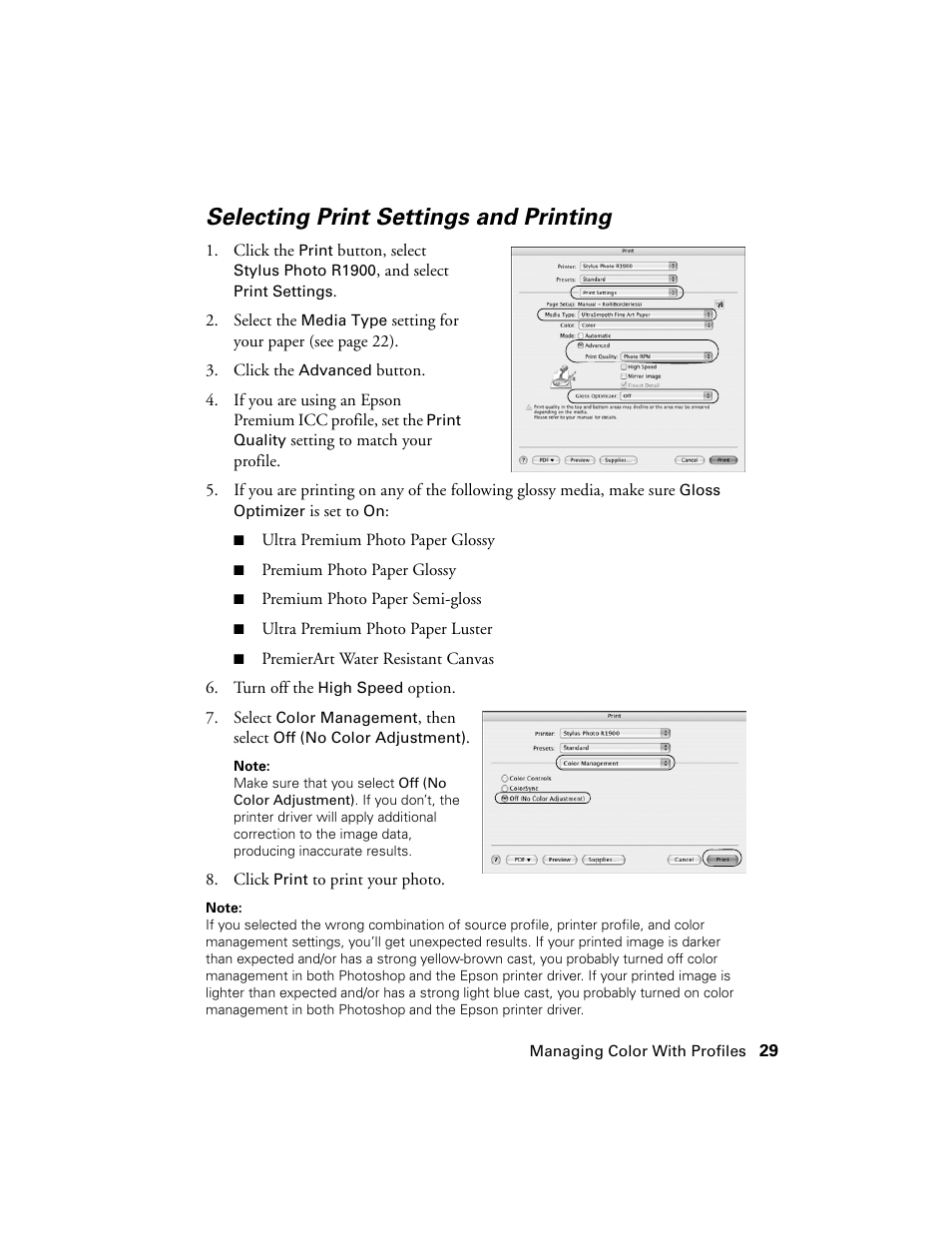 Selecting print settings and printing | Ericsson PHOTO R1900 User Manual | Page 29 / 52