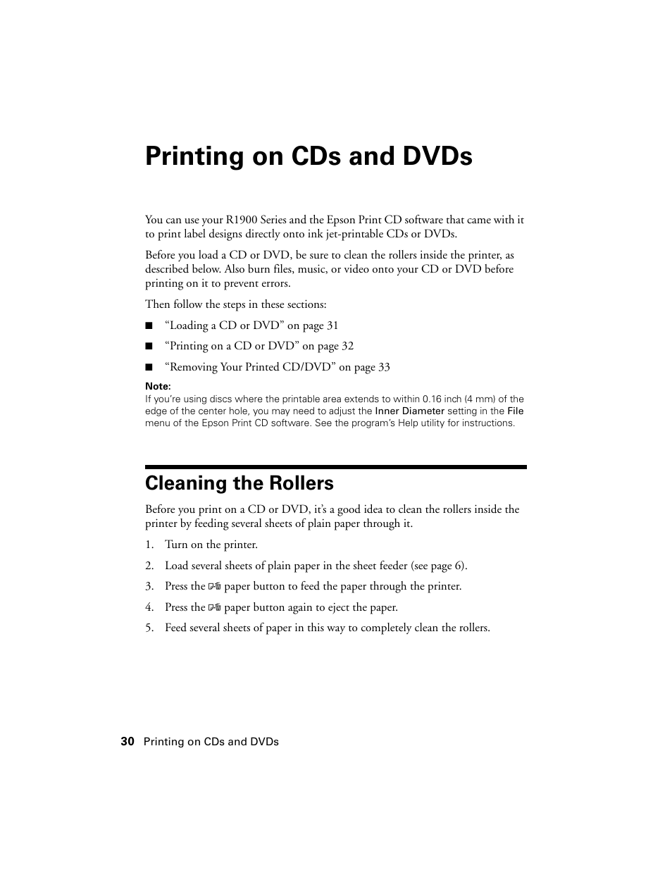Printing on cds and dvds, Cleaning the rollers | Ericsson PHOTO R1900 User Manual | Page 30 / 52