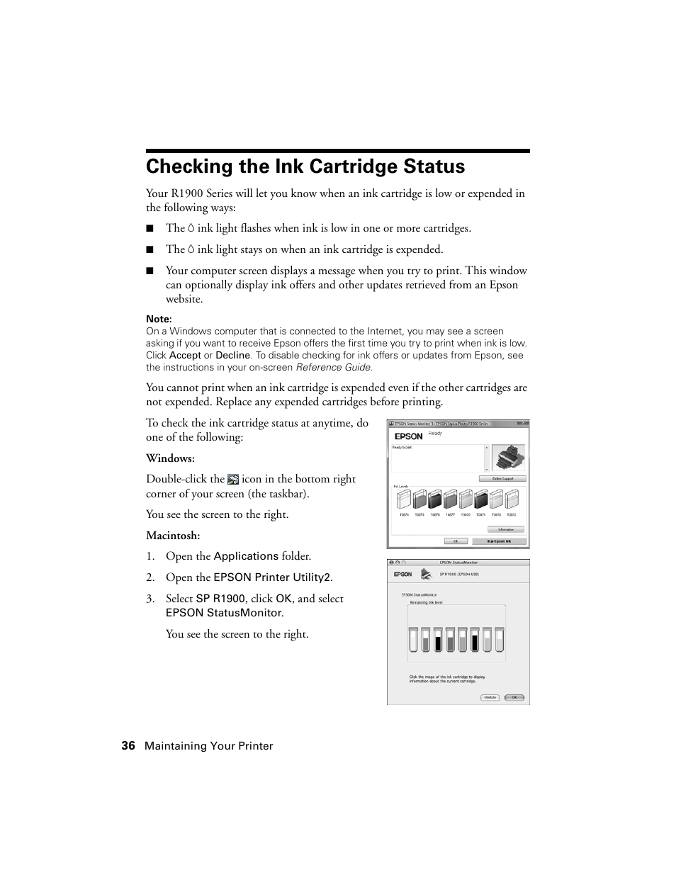 Checking the ink cartridge status | Ericsson PHOTO R1900 User Manual | Page 36 / 52