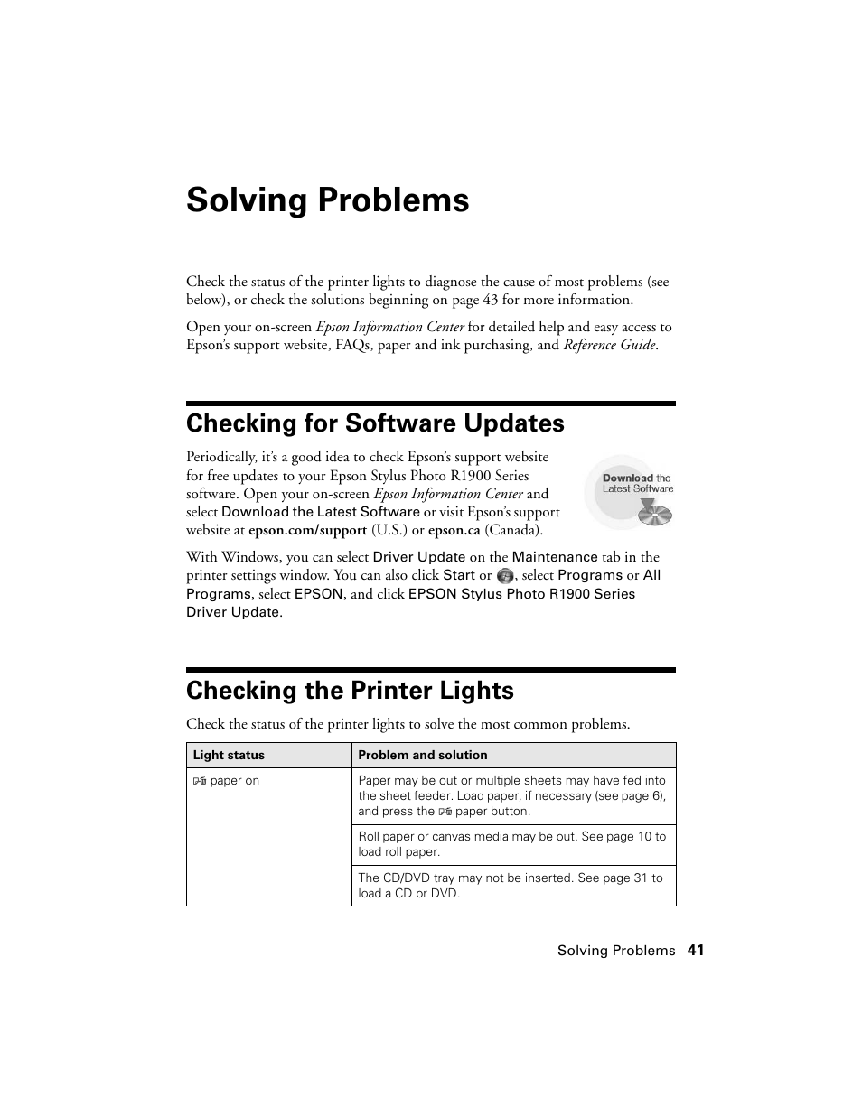 Solving problems, Checking for software updates, Checking the printer lights | Ericsson PHOTO R1900 User Manual | Page 41 / 52