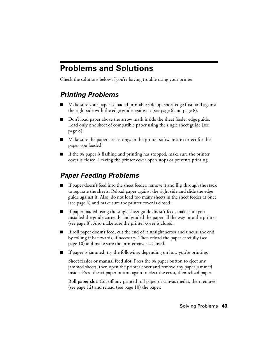Problems and solutions, Printing problems, Paper feeding problems | Ericsson PHOTO R1900 User Manual | Page 43 / 52