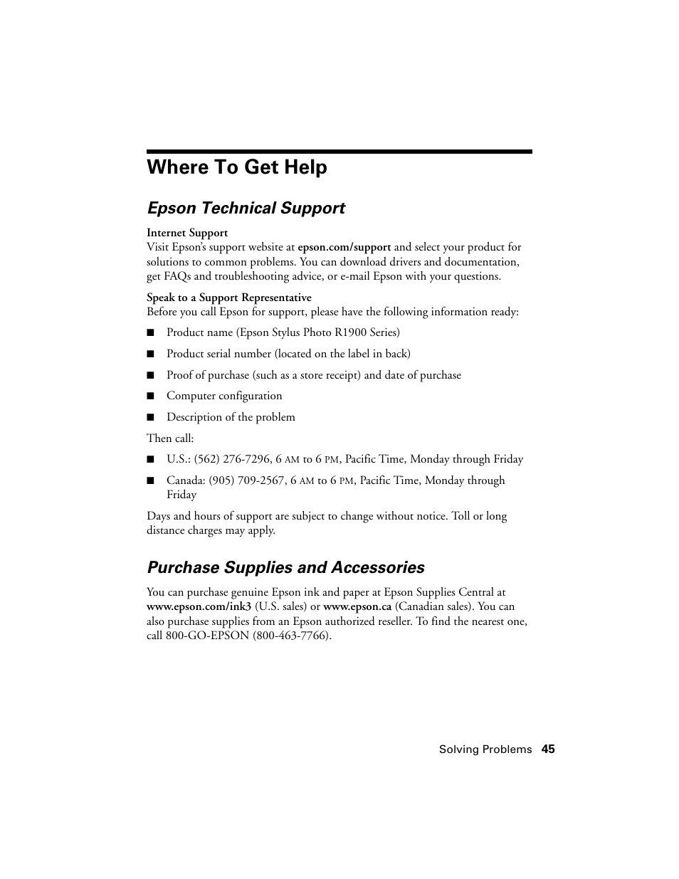 Where to get help, Epson technical support, Purchase supplies and accessories | Ericsson PHOTO R1900 User Manual | Page 45 / 52