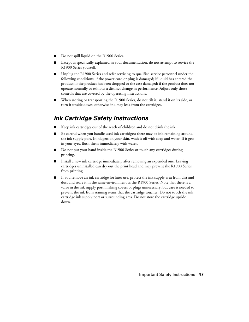 Ink cartridge safety instructions | Ericsson PHOTO R1900 User Manual | Page 47 / 52