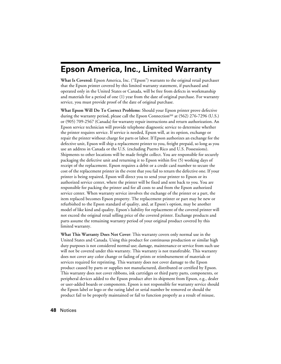 Epson america, inc., limited warranty | Ericsson PHOTO R1900 User Manual | Page 48 / 52