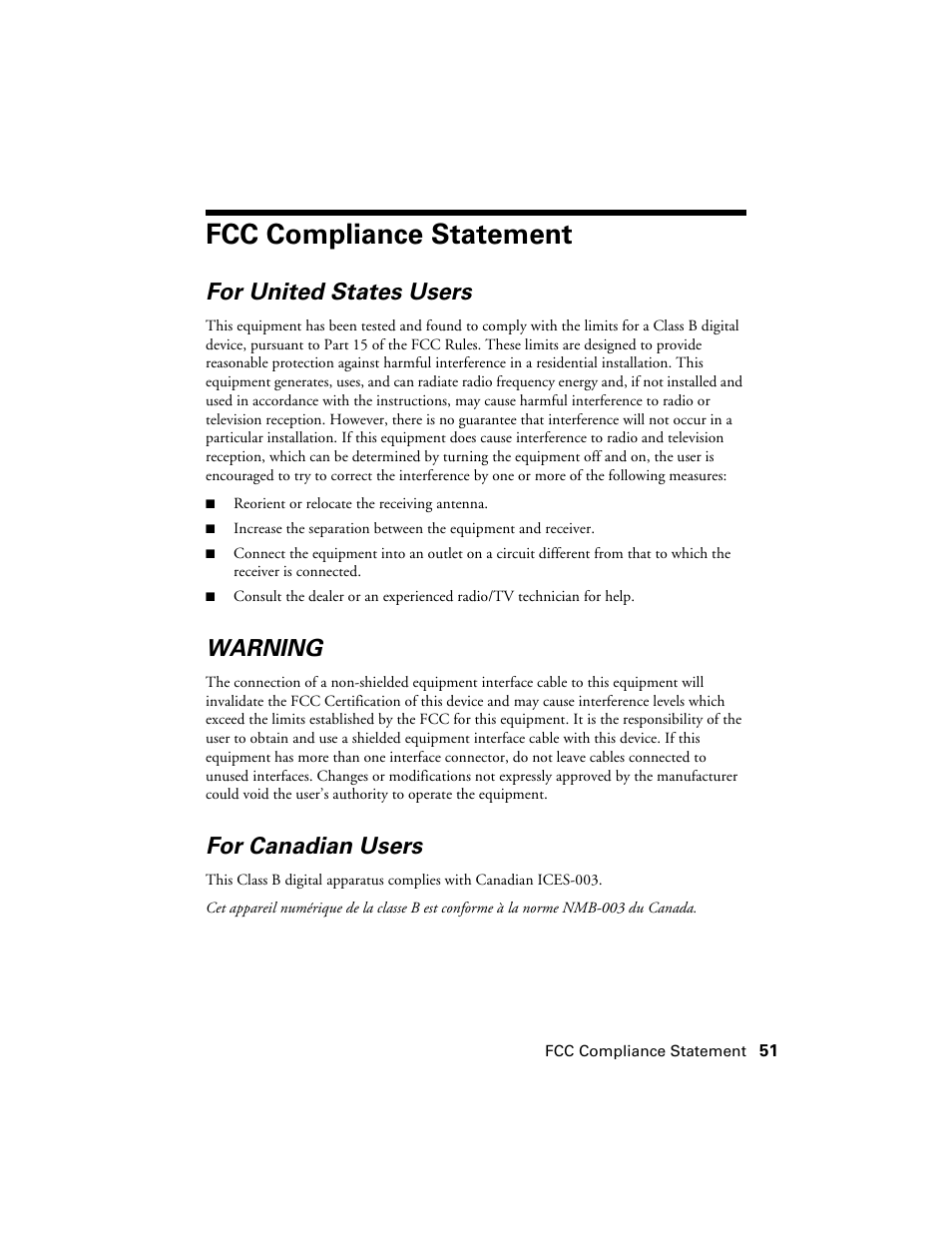 Fcc compliance statement, For united states users, Warning | For canadian users | Ericsson PHOTO R1900 User Manual | Page 51 / 52