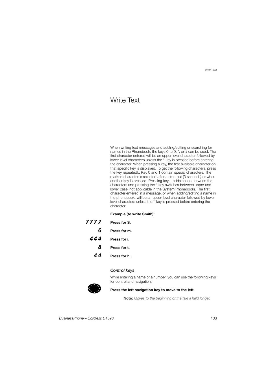 Write text, Control keys | Ericsson DT590 User Manual | Page 103 / 144