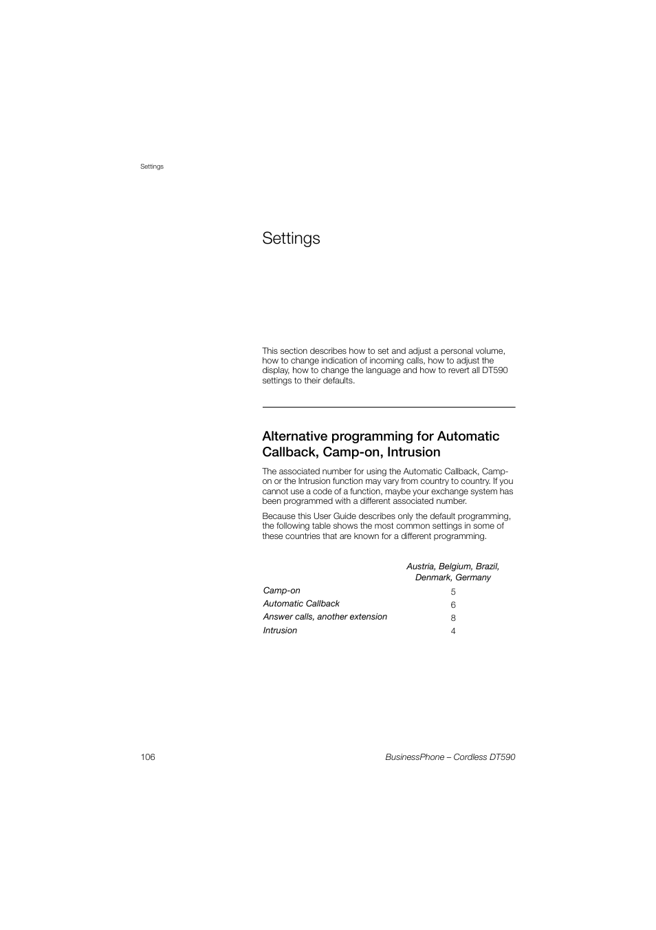 Settings, Alternative programming for automatic callback, Camp-on, intrusion | Alternative programming for, Automatic callback, camp-on, intrusion, Table, Alternative programming for automatic, Callback, camp-on, intrusion | Ericsson DT590 User Manual | Page 106 / 144