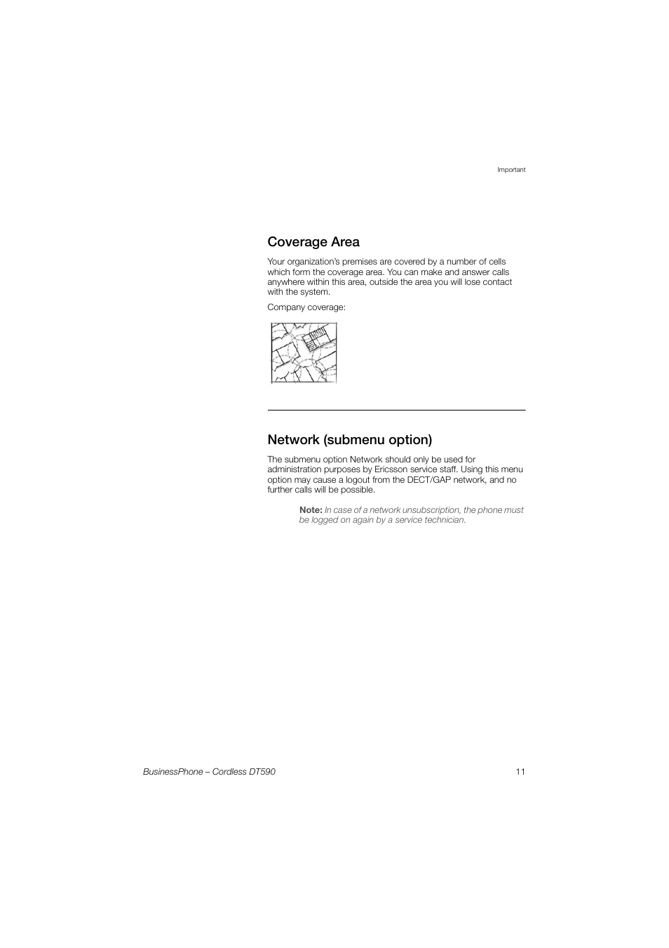 Coverage area, Network (submenu option) | Ericsson DT590 User Manual | Page 11 / 144