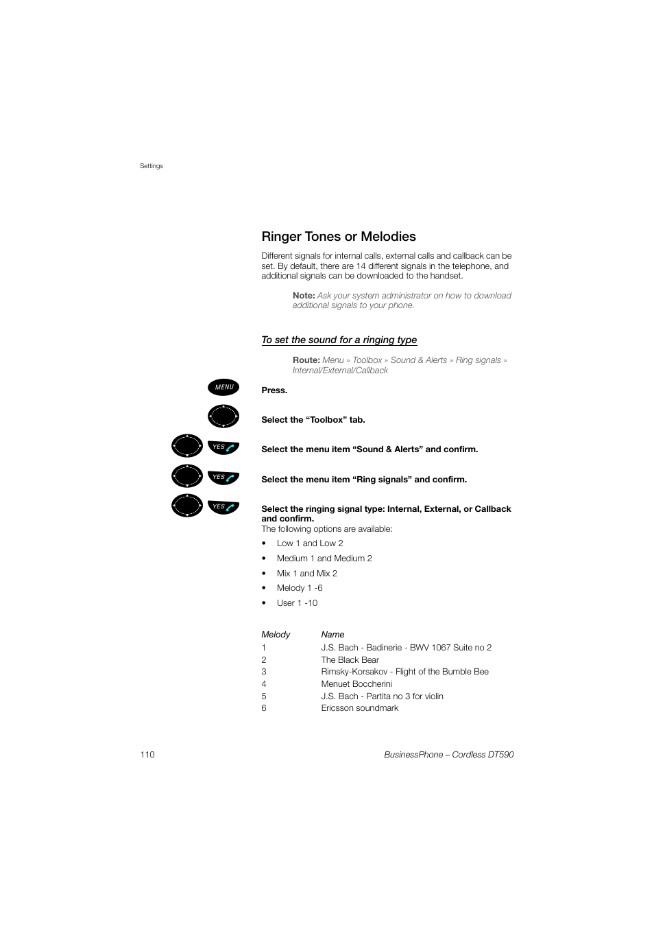 Ringer tones or melodies, To set the sound for a ringing type, ºь ы | Ericsson DT590 User Manual | Page 110 / 144