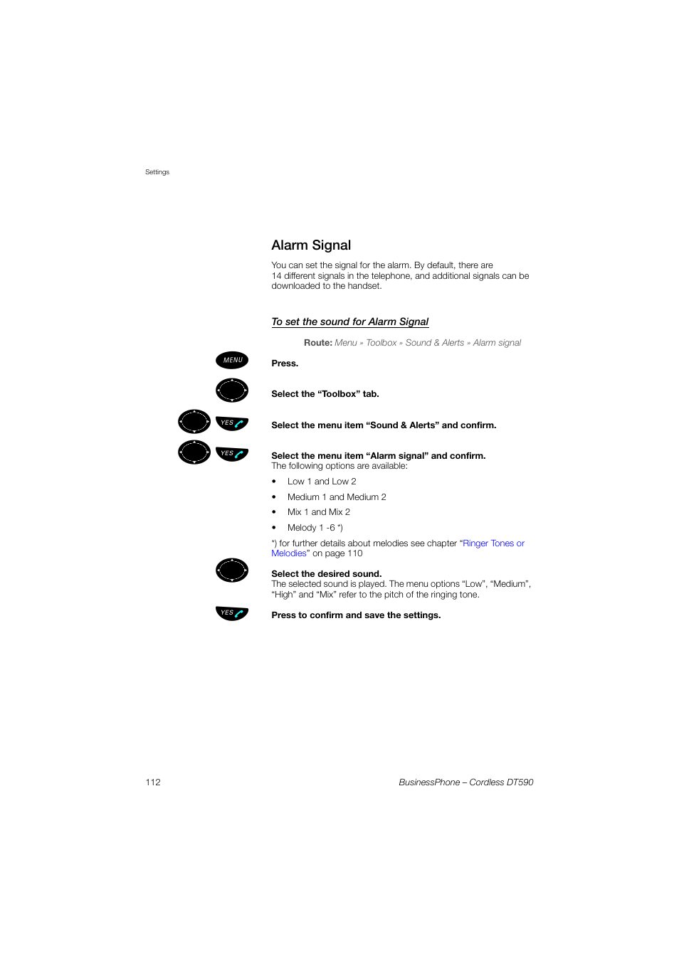 Alarm signal, To set the sound for alarm signal, ºь ы | Ericsson DT590 User Manual | Page 112 / 144