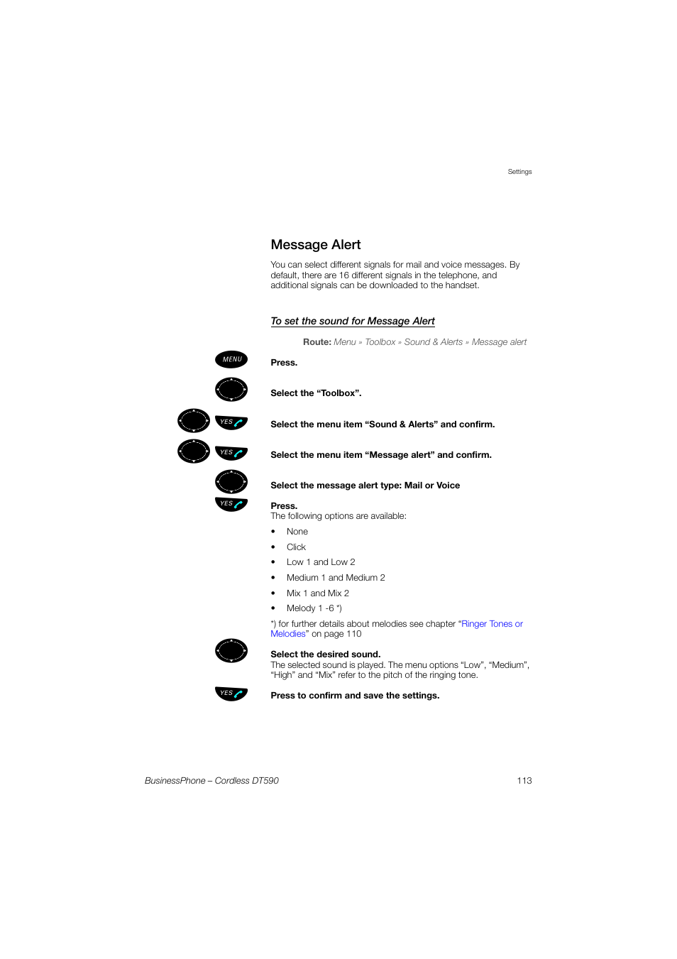 Message alert, To set the sound for message alert, ºь ы | Ericsson DT590 User Manual | Page 113 / 144