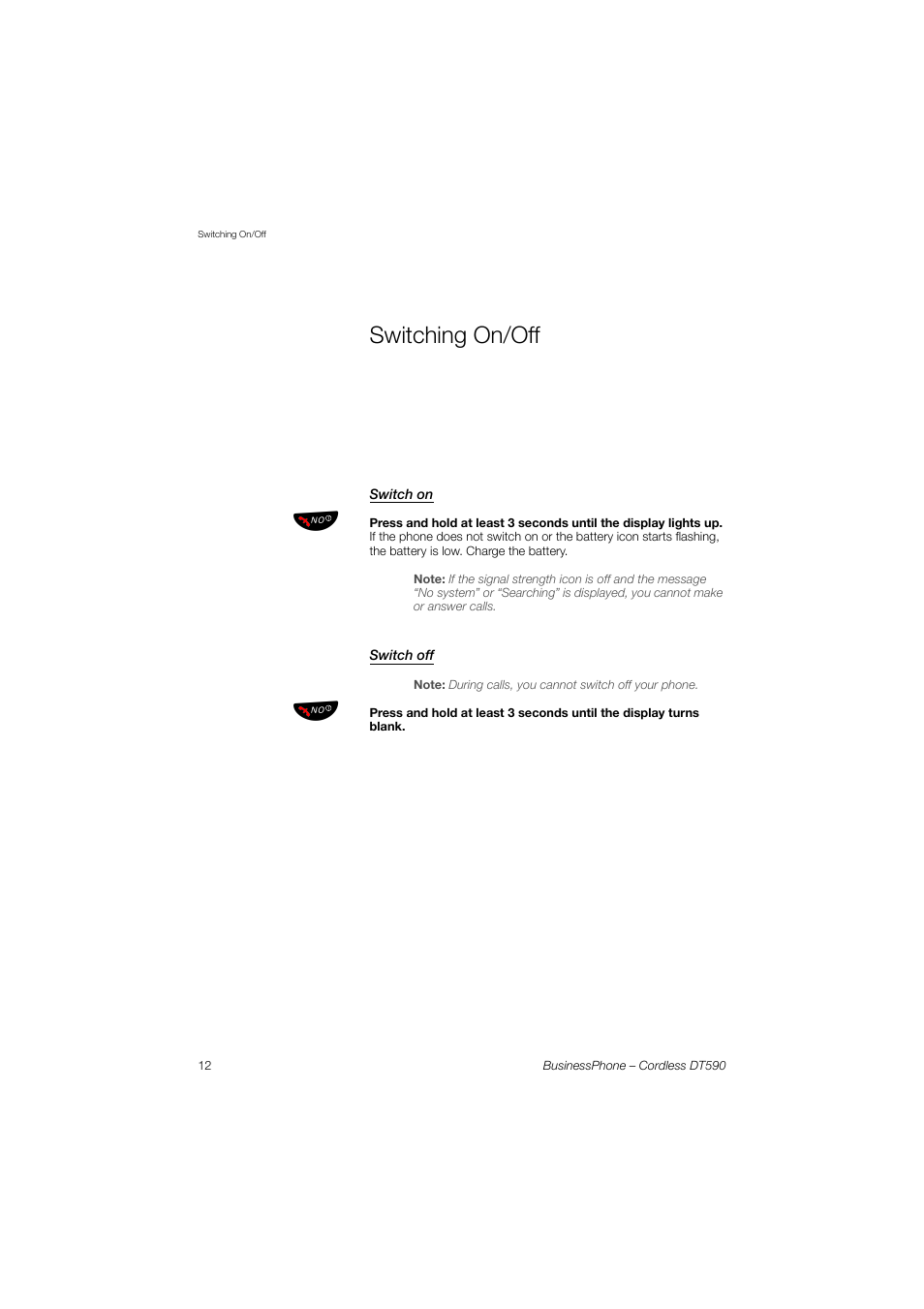 Switching on/off, Switch on, Switch off | Ericsson DT590 User Manual | Page 12 / 144