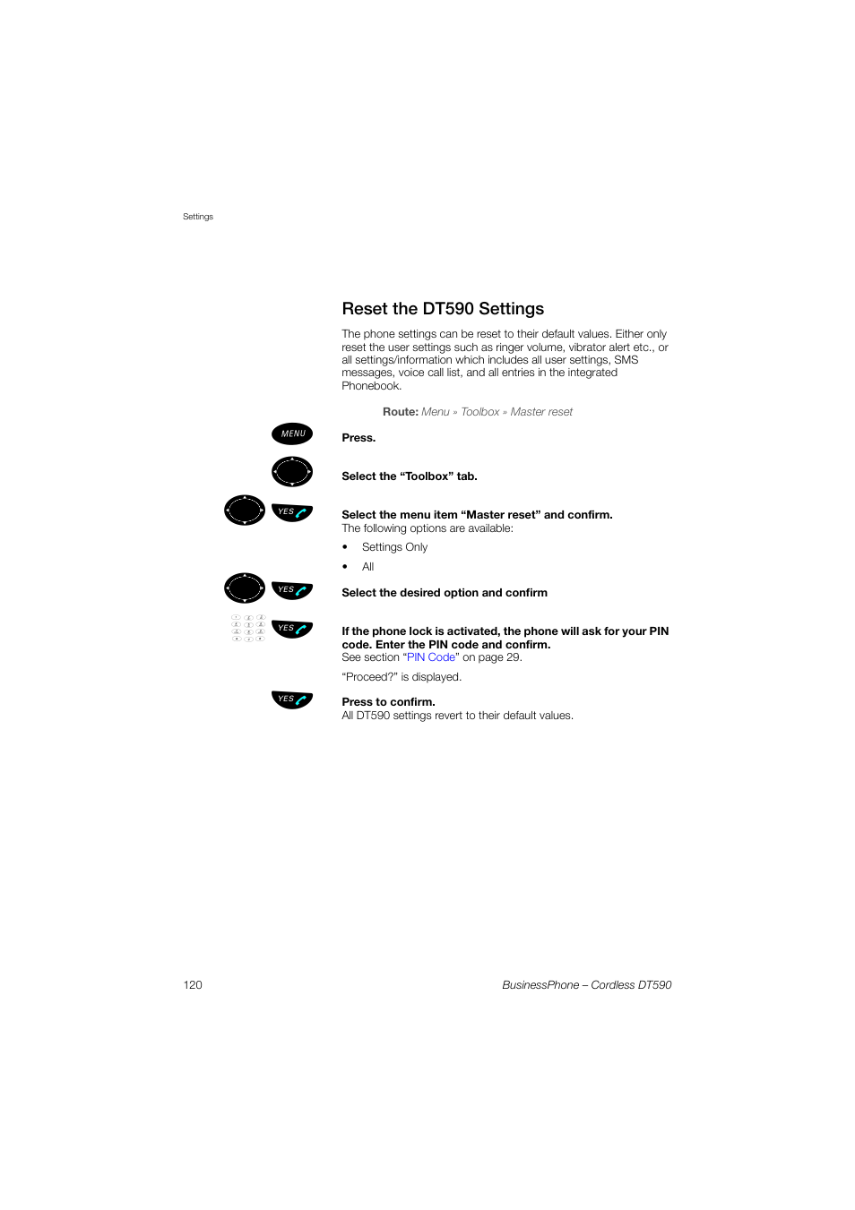 Reset the dt590 settings, ºь ы | Ericsson DT590 User Manual | Page 120 / 144