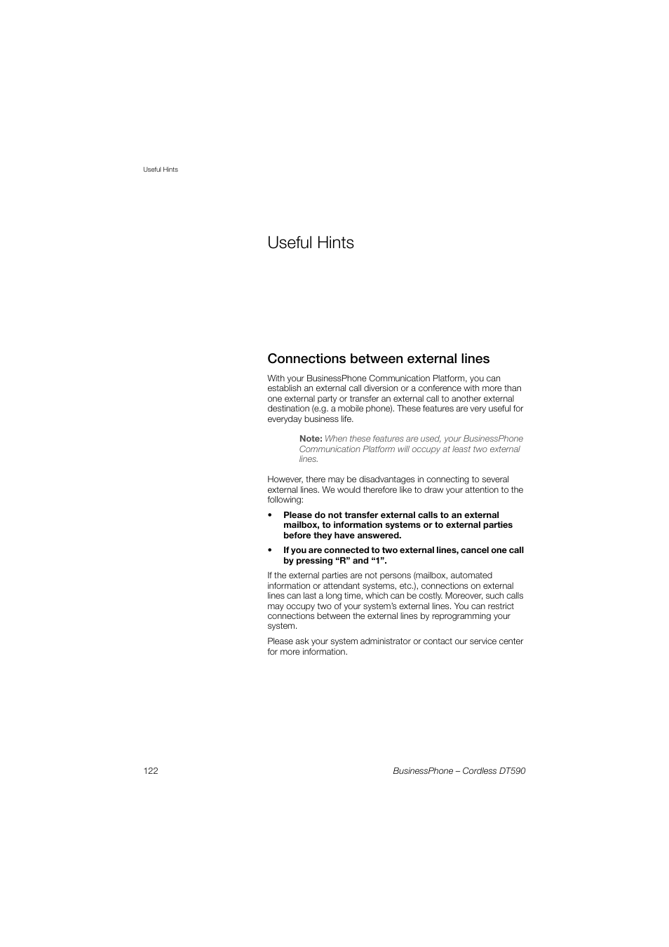 Useful hints, Connections between external lines, Rnings in section | Useful, Hints | Ericsson DT590 User Manual | Page 122 / 144