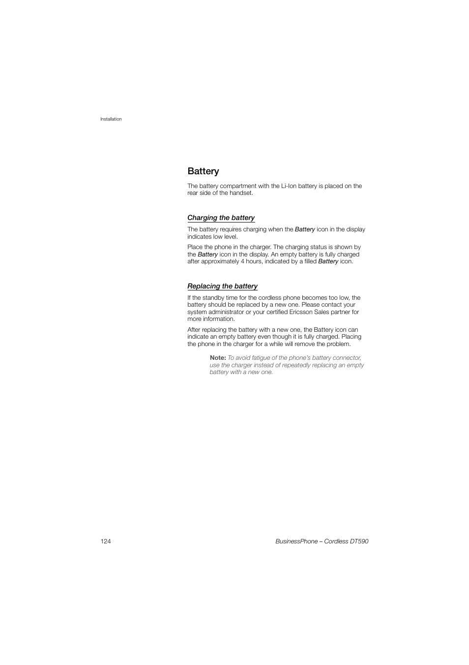 Battery, Charging the battery, Replacing the battery | Ericsson DT590 User Manual | Page 124 / 144