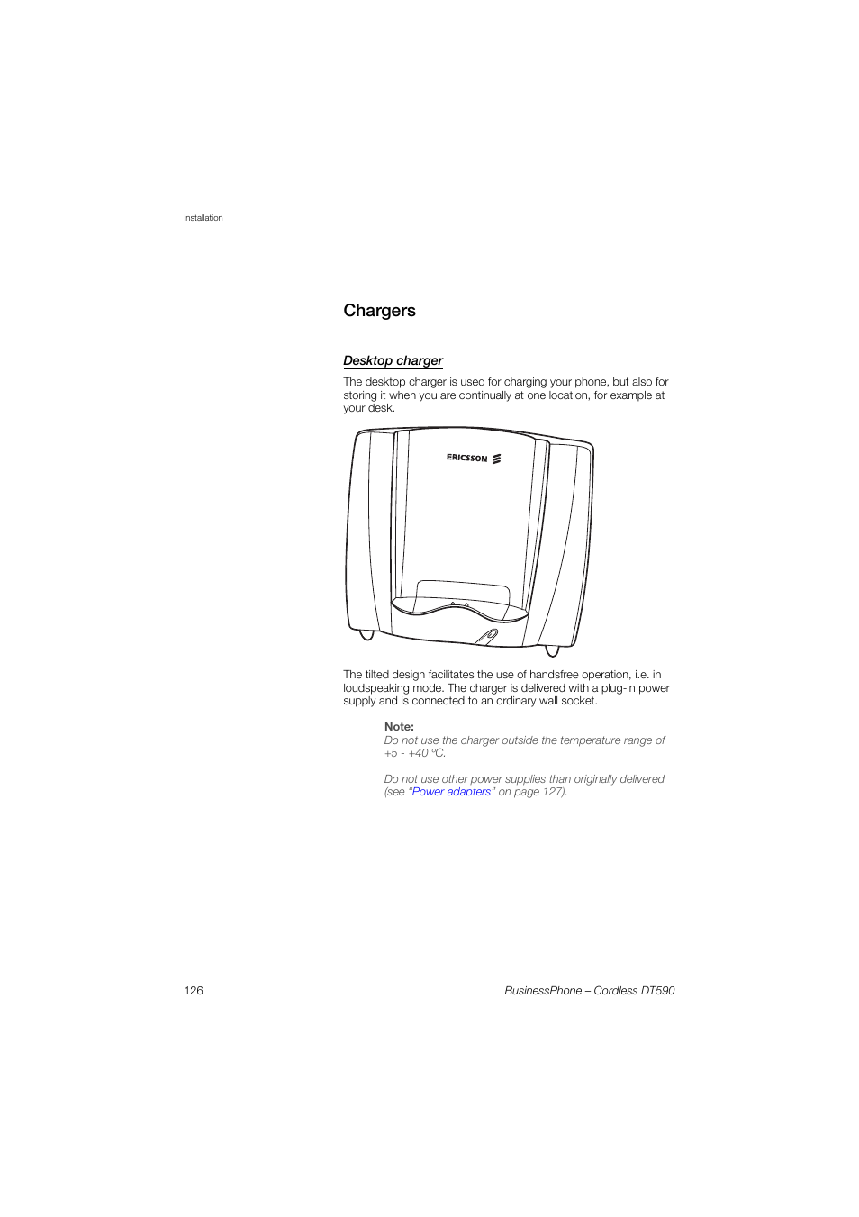 Chargers, Desktop charger | Ericsson DT590 User Manual | Page 126 / 144