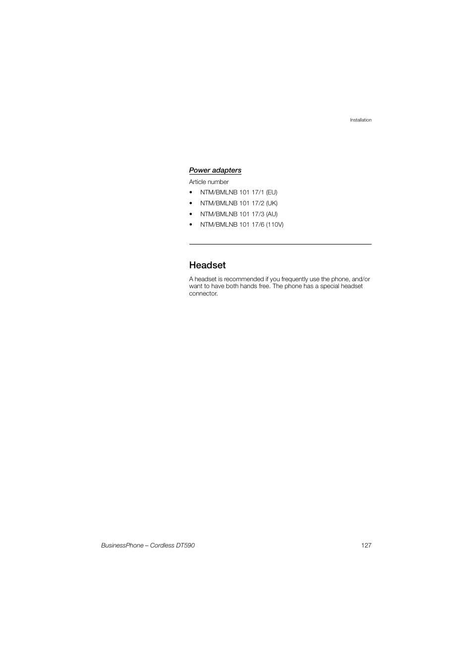 Power adapters, Headset | Ericsson DT590 User Manual | Page 127 / 144