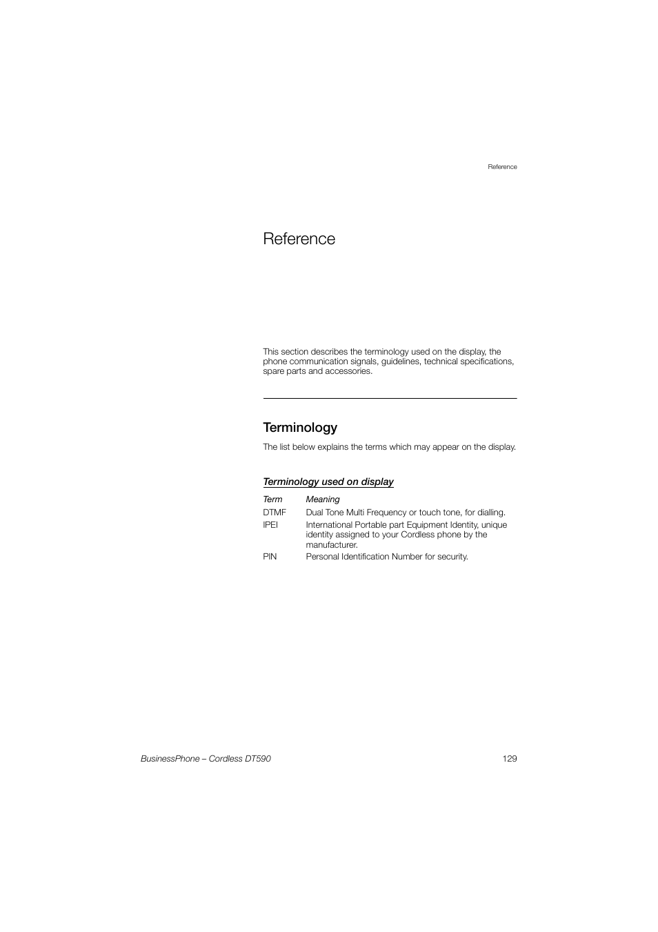 Reference, Terminology, Terminology used on display | Ericsson DT590 User Manual | Page 129 / 144