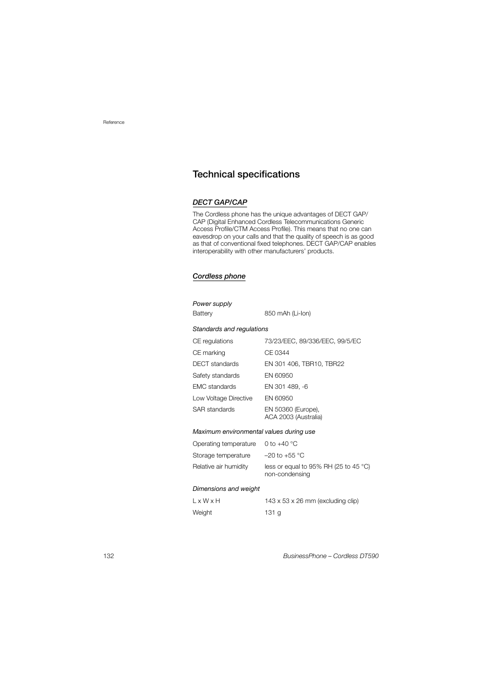 Technical specifications, Dect gap/cap, Cordless phone | Ericsson DT590 User Manual | Page 132 / 144